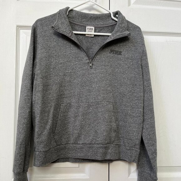 ladies size L Victoria's Secret PINK gray 1/2 zip pocket long sleeve sweatshirt - Picture 1 of 2